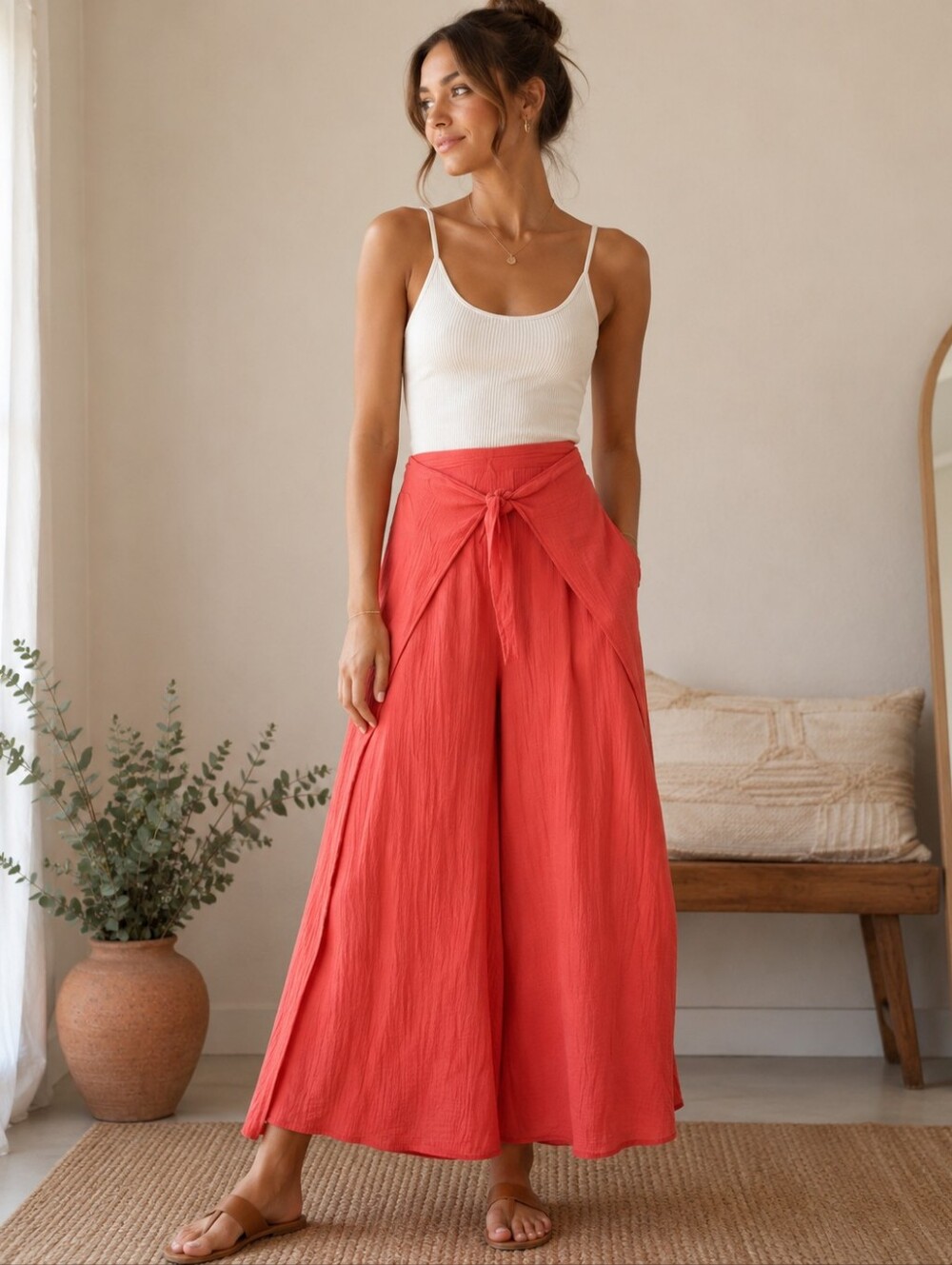 Young Fabulous & Broke (YFB) Coral Gauze Wrap Front Wide Leg Pants